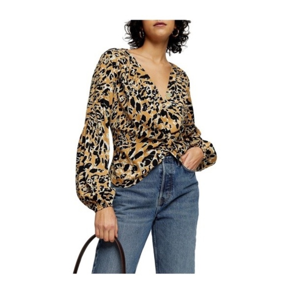 Topshop Leopard Print Twist Front V-Neck Balloon Sleeve Blouse Tan Black US 6